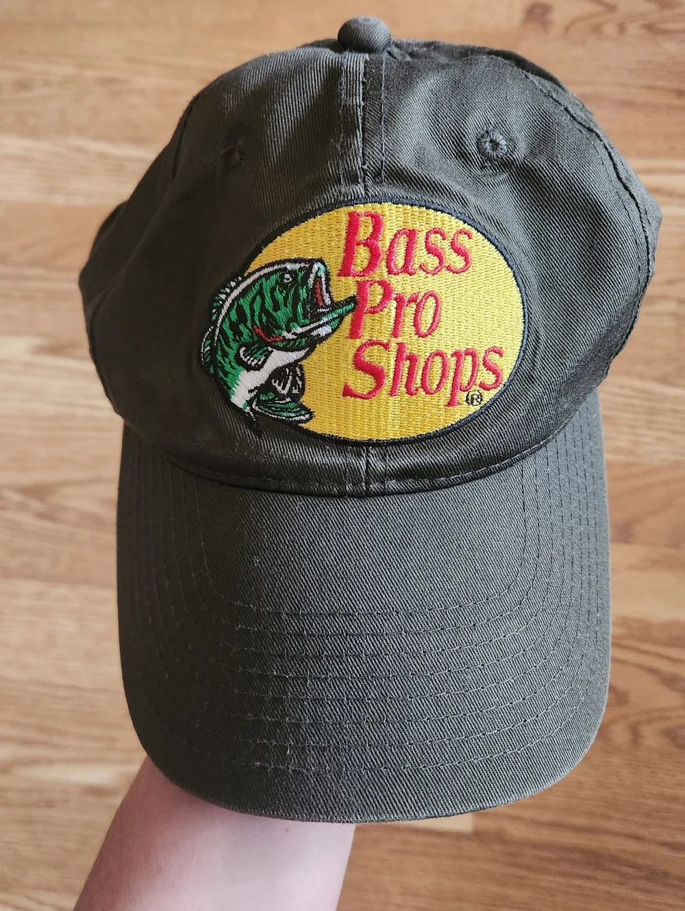 EUC Bass Pro Shops Olive Green Hat with Yellow Patch and Red Logo
